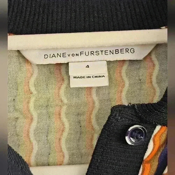 Diane Von Furstenberg Silk Knit Long Sleeve Navy Orange Cream Midi Dress Sz 4 - Picture 5 of 15